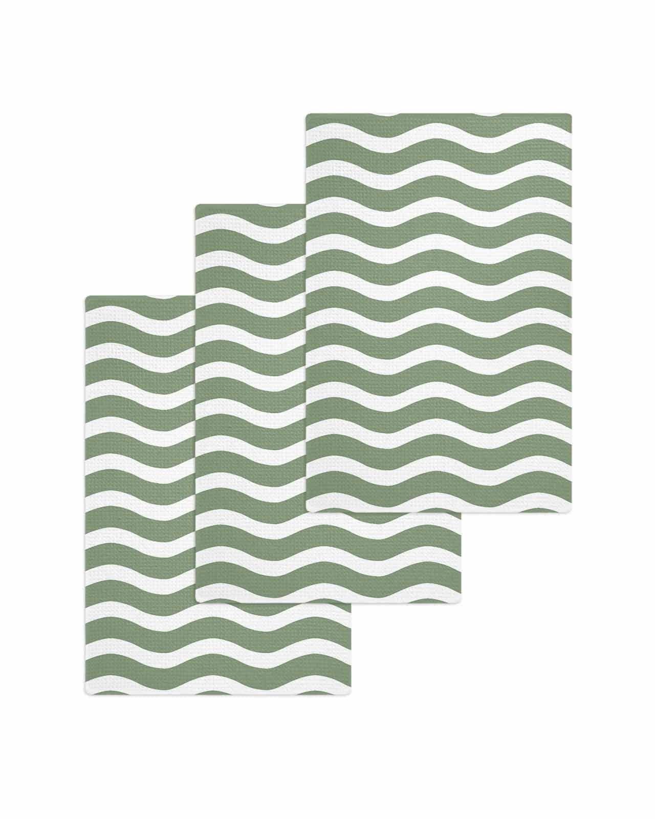 Sage Green Striped Kitchen Dish Towels for Drying Dishes Set of 3, Modern Waves Abstract Water Ripple Waffle Weave Microfiber Terry Hand Tea Bathroom Towels Quick Dry & Absorbent Towel 15.7x23.6