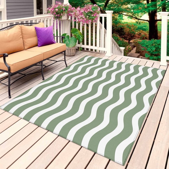 Sage Green Striped Outdoor Rug 4x6 Ft, Non Slip Washable Area Rug, Modern Waves Abstract Water Ripple Patio Rugs Carpet Runner, Large Floor Mat for Indoor/Outdoor Deck Porch Camping