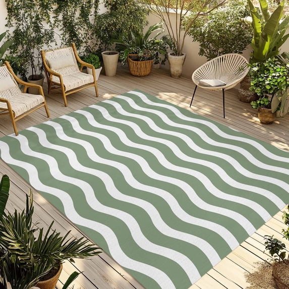 Sage Green Striped Outdoor Rug 5x8 Ft - Reversible Patio Rug Outdoor Camping Rugs, Modern Waves Abstract Water Ripple Washable Indoor Outdoor Area Rugs, Non-Slip Outdoor Carpet Runner for Deck/Porch
