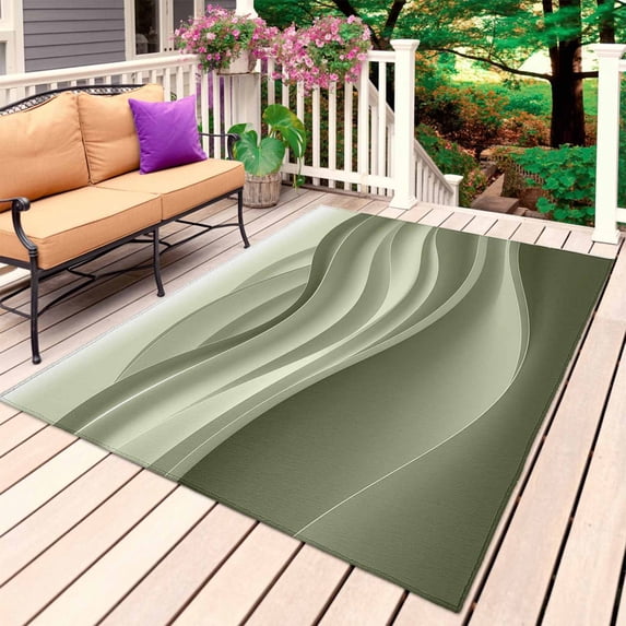 Sage Green Striped Outdoor Rug for Patio/Deck/Porch, Non-Slip Large Area Rug 3 x 5 Ft, Modern Abstract Art Wave Moire Gradient Indoor Outdoor Rugs Washable Area Rugs, Camping Rug Carpet Runner