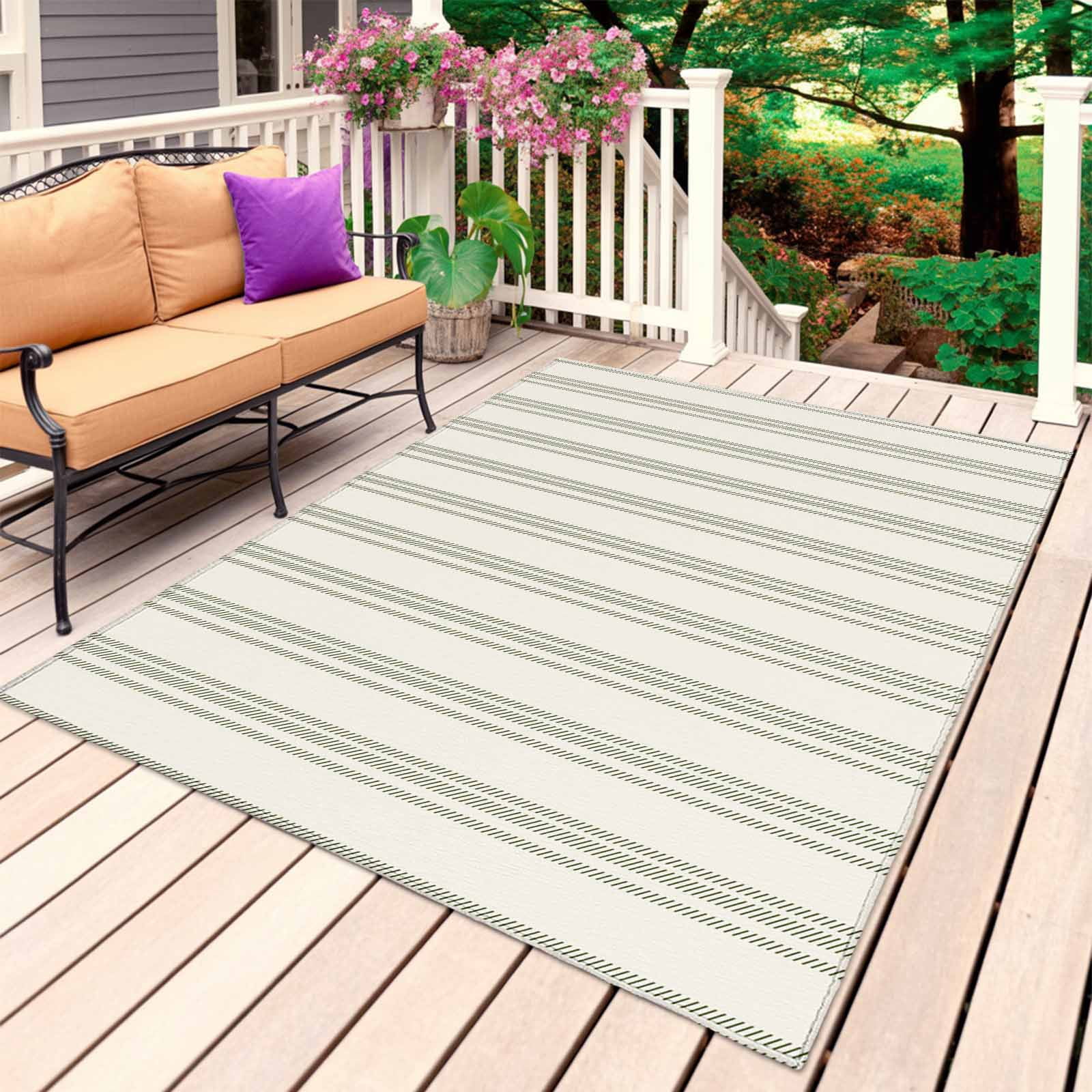 Plus Sign Outdoor Rug Sage Green Striped Outdoor Rug for Patio/Deck/Porch, Non-Slip Large ...