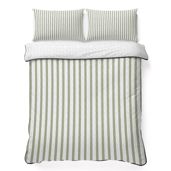 Sage Green Striped Queen Quilt Bedding Set, Modern Stripes Farmhouse Rustic Simple Lightweight Comforter with 2 Pillow Shams Bedroom Bedspread Set Home Decor for All Seasons