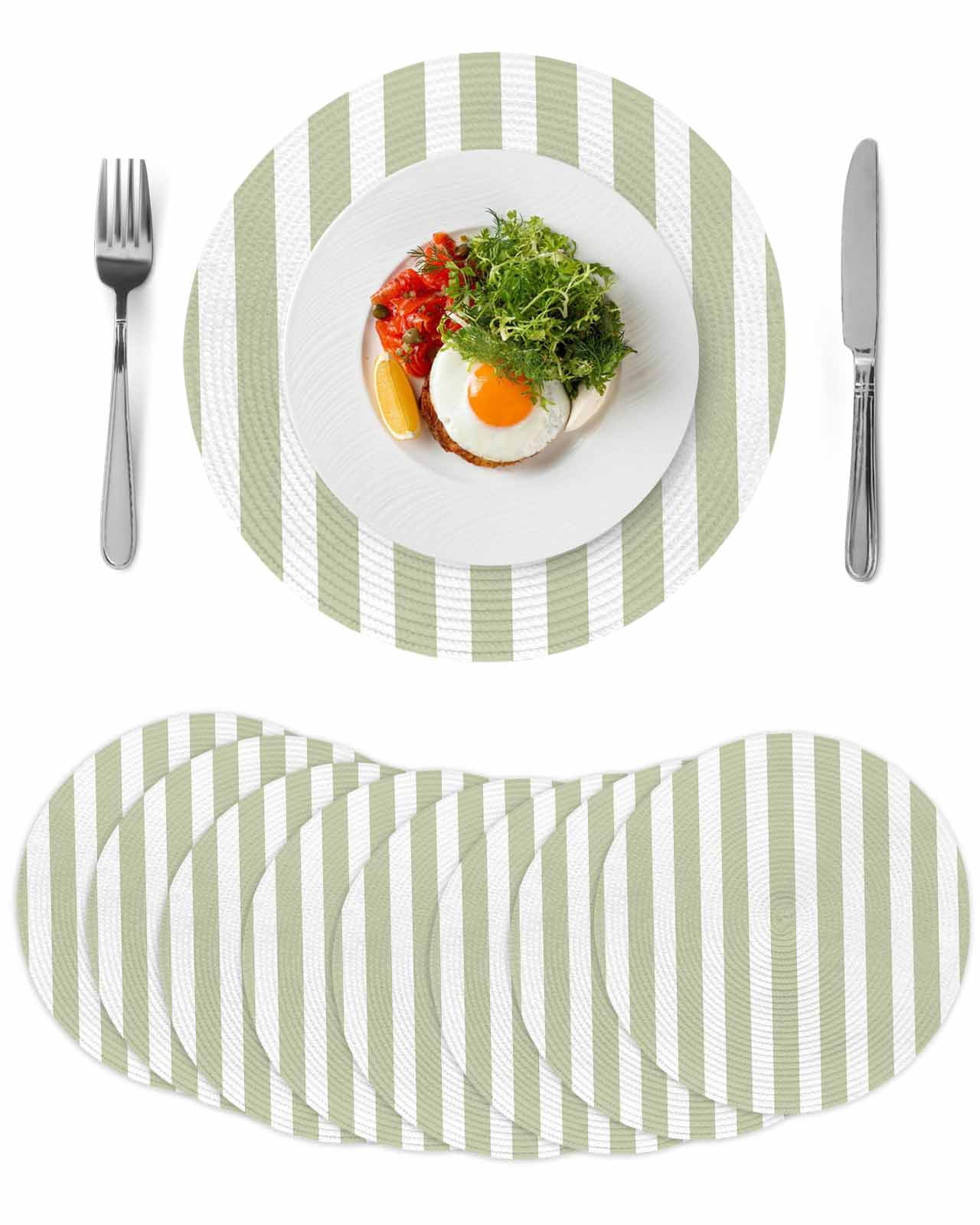 Sage Green Striped Round 13 Inch Placemats Set of 8, Modern Farmhouse ...