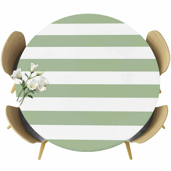 Sage Green Striped Round Tablecloth 36-44 Inch Round Fitted Table Cloth with Elastic Edge, Farmhouse Sage Green Stripes Waterproof Table Cover Protector for Outdoor Picnic Party Dining