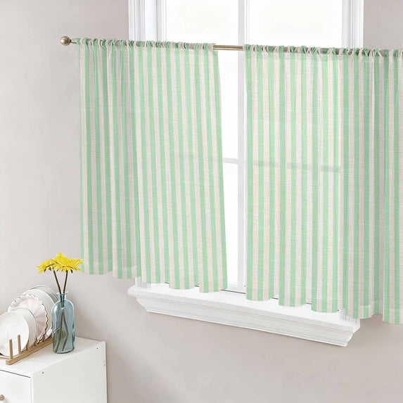 Sage Green Striped Semi Sheer Curtains 45 Inch Length 2 Panels Set, Modern Simple Farmhouse Beige Sheer Kitchen Curtain Privacy Voile Window Curtain for Living Room Bedroom Rod Pocket Drapes