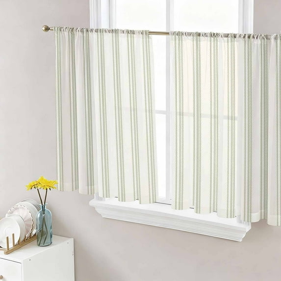 Sage Green Striped Semi Sheer Curtains 54 Inch Length 2 Panels Set, Modern Farmhouse Green Stripes Sheer Kitchen Curtain Privacy Voile Window Curtain for Living Room Bedroom Rod Pocket Drapes