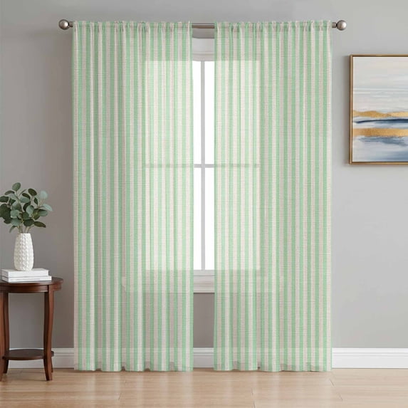 Sage Green Striped Semi Sheer Curtains 96 Inch Length 2 Panels Set, Modern Simple Farmhouse Beige Sheer Kitchen Curtain Privacy Voile Window Curtain for Living Room Bedroom Rod Pocket Drapes