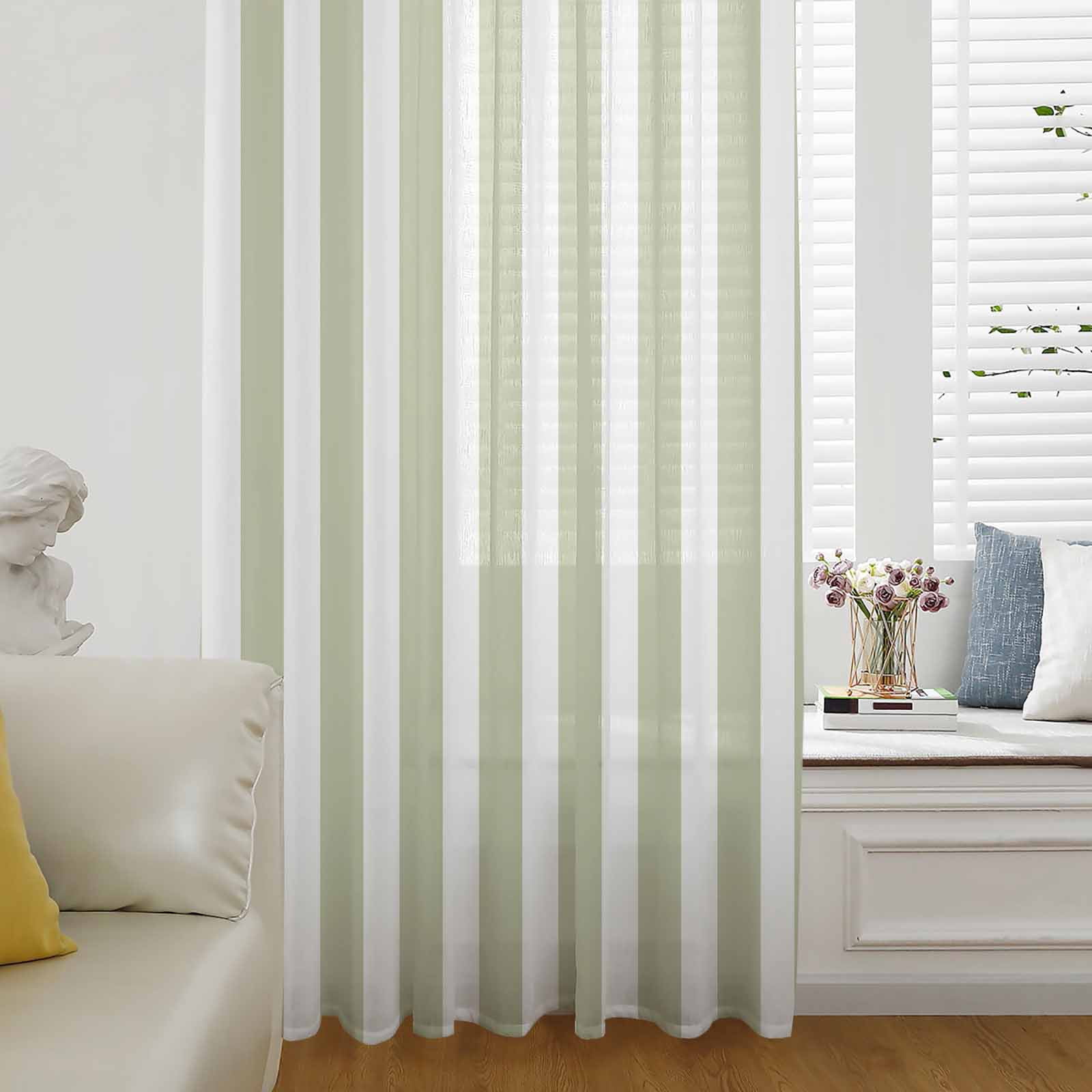 Sage Green Striped Semi Sheer Curtains Drapes for Living Room,Bedroom