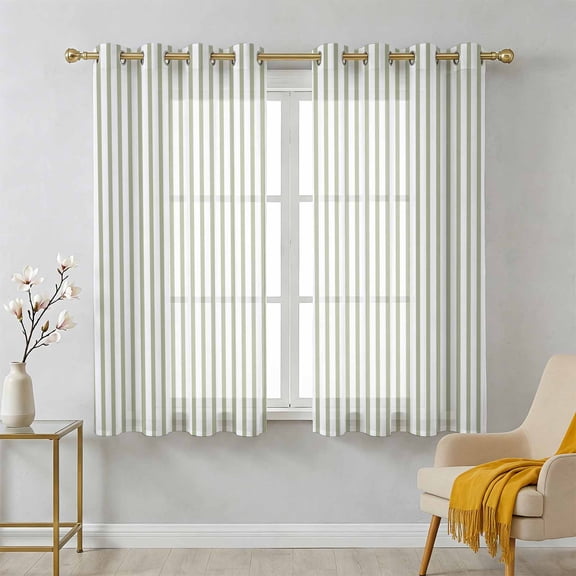 Sage Green Striped Sheer Curtains 45 Inch Long 2 Panels, Modern Stripes Farmhouse Rustic Simple Light Filtering Semi Sheer Drapes Grommet Voile Window Curtain for Living Bedroom W42 x L45