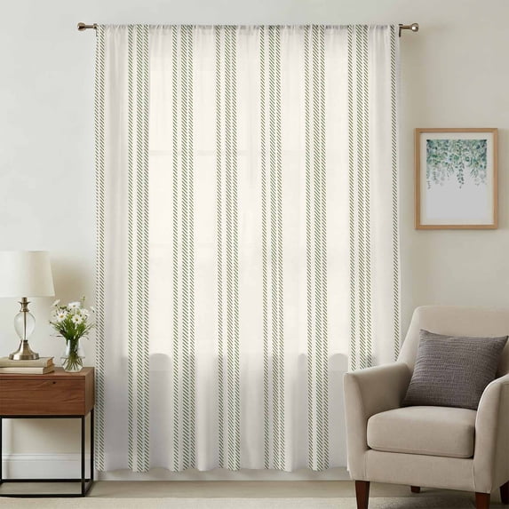 Sage Green Striped Sheer Curtains 45 Inches Long, Modern Farmhouse Green Stripes Light Filering Curtains, Breathable Simi Curtain Privacy Drapes for Kitchen Bathroom Small Window Treatment