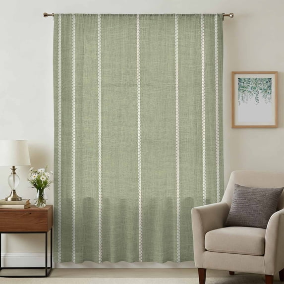 Sage Green Striped Sheer Curtains 54 Inches Long, Farmhouse Linen Texture Line Stripes Light Filering Curtains, Breathable Simi Curtain Privacy Drapes for Kitchen Bathroom Nursery Window Treatment