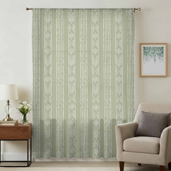 Sage Green Striped Sheer Curtains 54 Inches Long, Modern Abstract Art Geometric Stripes Light Filering Curtains, Breathable Simi Curtain Privacy Drapes for Kitchen Bathroom Small Window Treatment