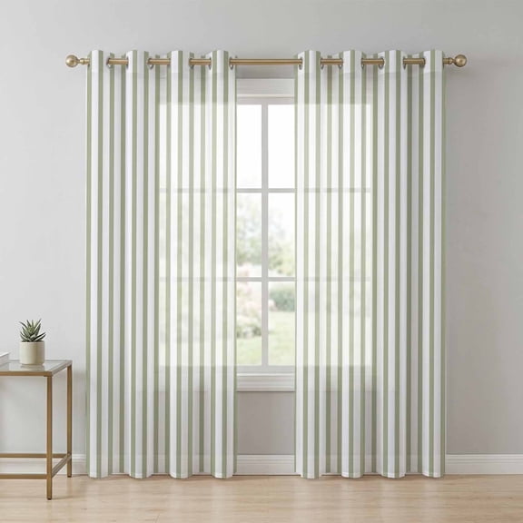 Sage Green Striped Sheer Curtains 63 Inch Long 2 Panels, Modern Stripes Farmhouse Rustic Simple Light Filtering Semi Sheer Drapes Grommet Voile Window Curtain for Living Bedroom W42 x L63