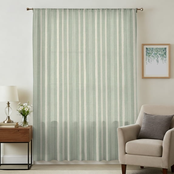 Sage Green Striped Sheer Curtains 96 Inches Long, Farmhouse Stripes Modern Vintage Light Filering Curtains, Privacy Drapes Simi Floor to Veiling Curtain for Living Room Bedroom Large Window Treatment