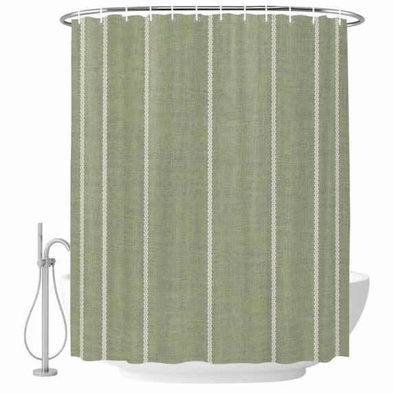 Sage Green Striped Shower Curtain Set - 48" x 72" Washable Bathtub Curtain with 12 Hooks, Farmhouse Linen Texture Line Stripes Waterproof Fabric Stall Shower Curtains for Bathroom/Bathtub Décor