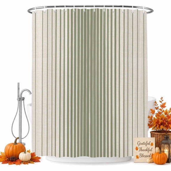 Sage Green Striped Shower Curtain Set - Standard 72" x 72" Washable Bathtub Curtain with 12 Hooks, Farmhouse Beige Stripes Vintage Rustic Waterproof Fabric Stall Shower Curtains for Bathroom Décor