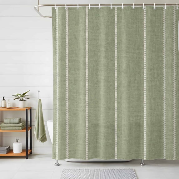 Sage Green Striped Shower Curtains for Bathroom, Farmhouse Linen Texture Line Stripes Waterproof Fabric Shower Curtain, Decorative Bathroom Curtain for Bathtub, 36"x72", No Hooks Included