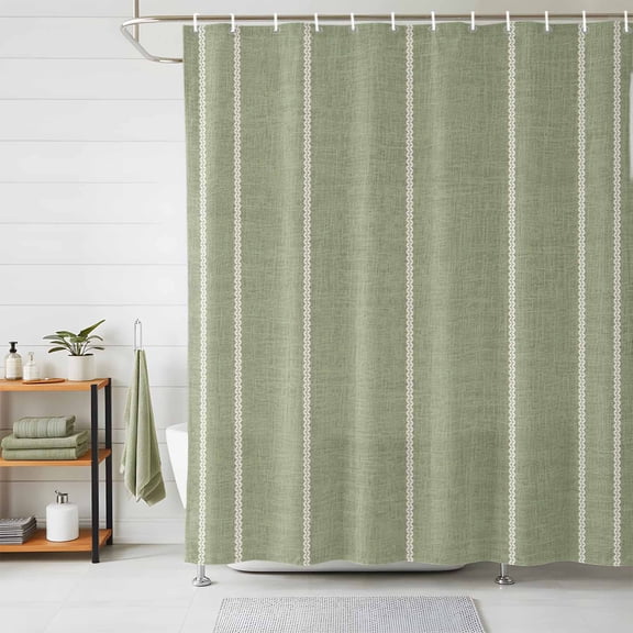 Sage Green Striped Shower Curtains for Bathroom, Farmhouse Linen Texture Line Stripes Waterproof Fabric Shower Curtain, Decorative Bathroom Curtain for Bathtub, 36"x72", No Hooks Included
