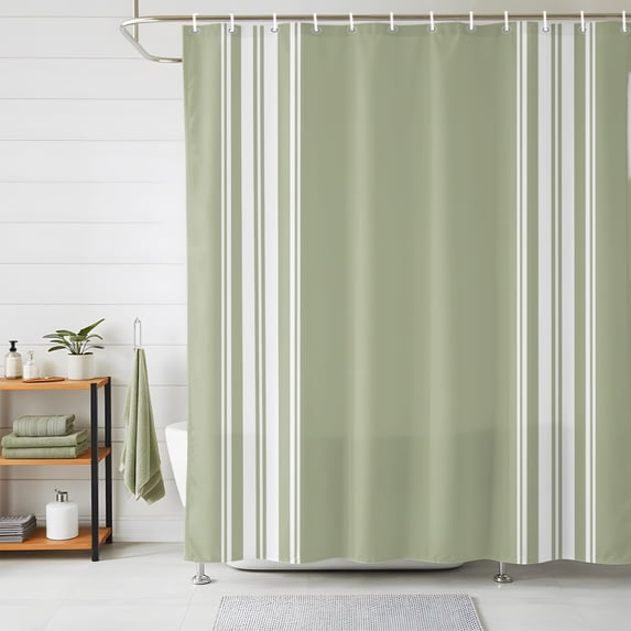 Sage Green Striped Shower Curtains for Bathroom, Farmhouse White Stripes Waterproof Fabric Shower Curtain, Decorative Bathroom Curtain for Bathtub, 72"x84", No Hooks Included