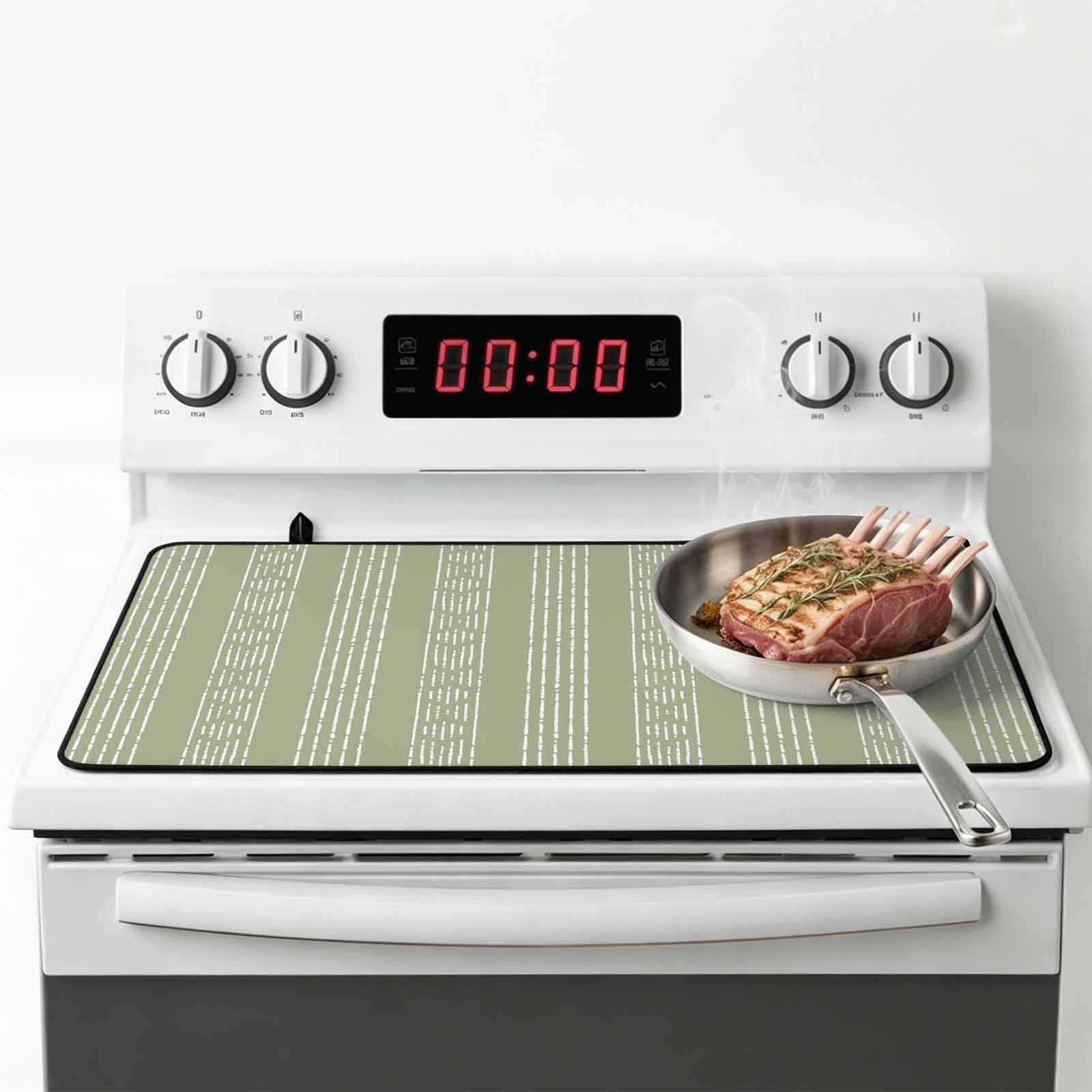 Sage Green Striped Stove Top Cover for Electric Stove, Heat-proof & Non Slip Glass Top Stove Cover Protector, Modern Abstract Art Geometric Stripes Kitchen Flat Cooktop Rubber Mat 31x24 Inches