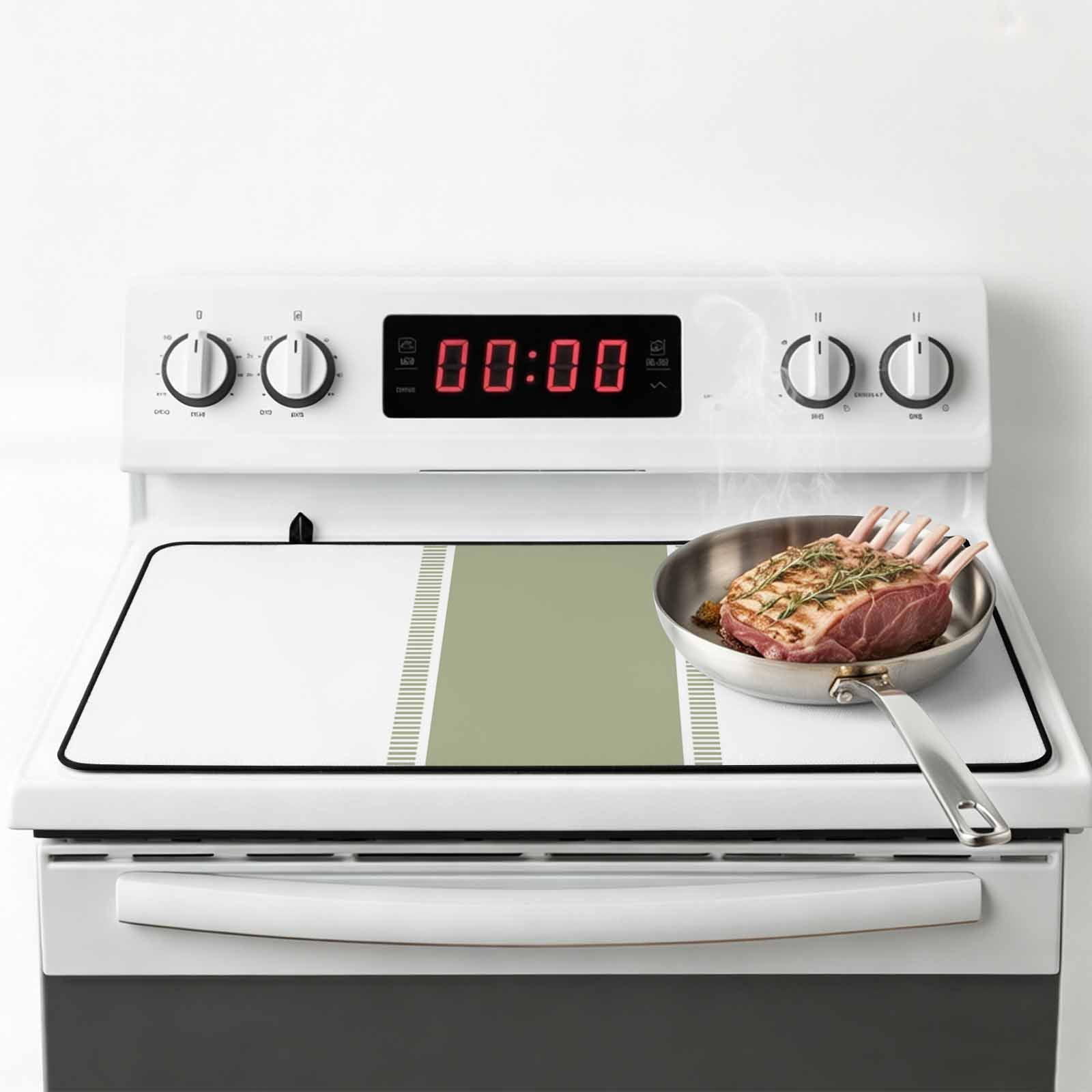 Sage Green Striped Stove Top Cover for Electric Stove, Heat-proof & Non Slip Glass Top Stove Cover Protector, Modern Geometric Abstract Art Kitchen Flat Cooktop Rubber Mat 36x21 Inches