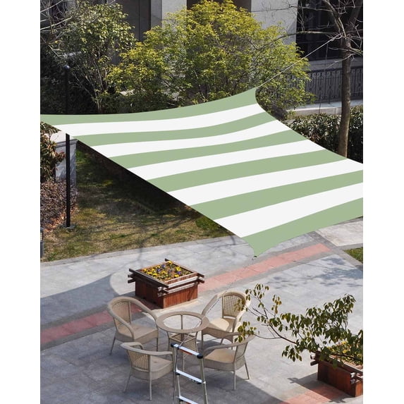 Sage Green Striped Sun Shade Sail 12'x16' Rectangle Outdoor Shade Canopy, Farmhouse Sage Green Stripes Porch Shades Outdoor Sun Blocking Screen, Sunshade Cloth Covers for Patio/Deck/Garden