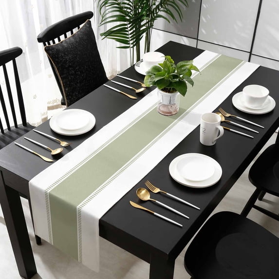 Sage Green Striped Table Runner 120 Inches Long, Modern Geometric Abstract Art Kitchen Dining Burlap Linen Tablerunner for Small/Round/Square/Wedding/Coffee/Dining Table Party Home Décor 13 x 120