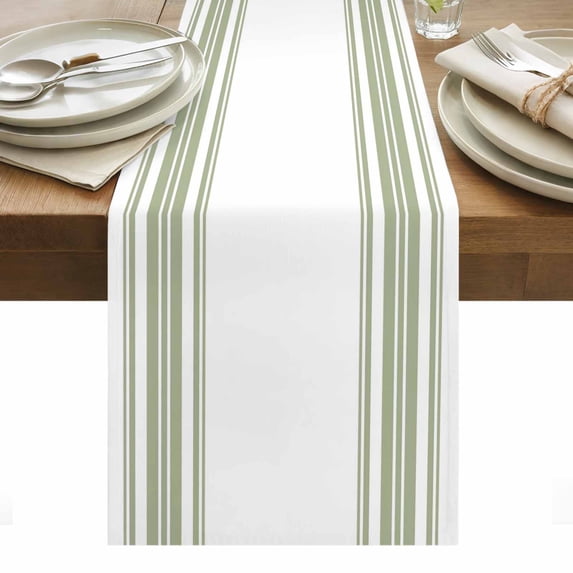 Sage Green Striped Table Runner Farmhouse Simple Line Vertical Stripes Tablerunners 13 x 108 Inch, Table Decorations Tabletop Scarf for Summer Gathering Holiday Farmhouse Kitchen Dining Decor