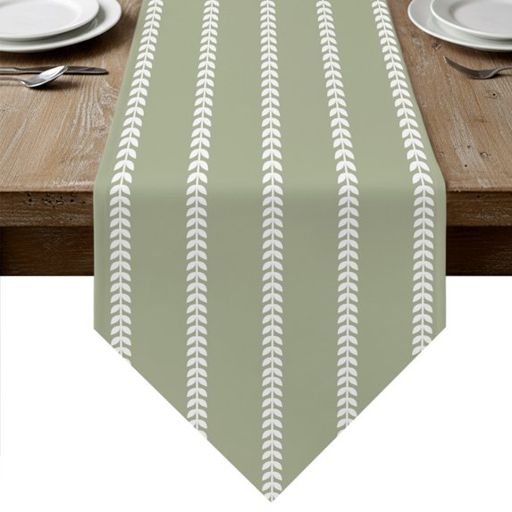 Sage Green Striped Table Runner Linen Burlap Table Runner 108 Inches Long Pastoral Eucalyptus Leaves Lines Geometric Dresser Scarves for Kitchen Island Coffee Dining Room Party Holiday Decor 13"x108"