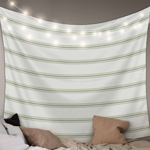 Sage Green Striped Tapestry for Bedroom Wall Hanging Tapestry, Rustic Green Stripe Modern Art Beige Ceiling Backdrop Tapestries Poster Blanket Wall Decor for Teens Room Living Room Dorm 55" x 73"