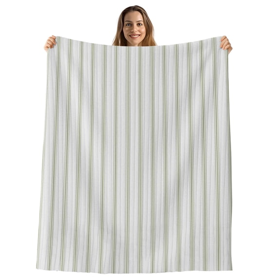 Sage Green Striped Throw Blanket, Flannel Fleece Blanket with Striped Design for Couch, Sage Green White Stripes Farmhouse Soft Breathable All Season Plush Blankets for Sofa Office Bed 50"x60"