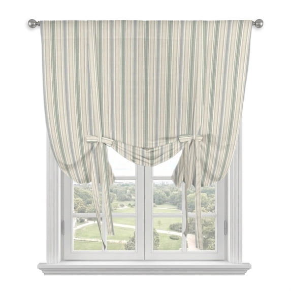 Sage Green Striped Tie Up Curtains 45 Inches Long, Kitchen Window Curtains Over Sink, Modern Boho Vertical Stripes Beige Small Window Curtains Shade Balloon Curtains Valances for Bedroom/Cafe 34"x45"