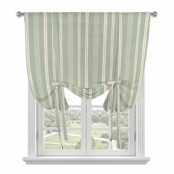 Sage Green Striped Tie Up Curtains for Kitchen Windows,Adjustable Rod Pocket Valance 45 Inch Short, Farmhouse Stripes Modern Vintage Window Treatment Balloon Roman Blind Shade, 42" x 45"