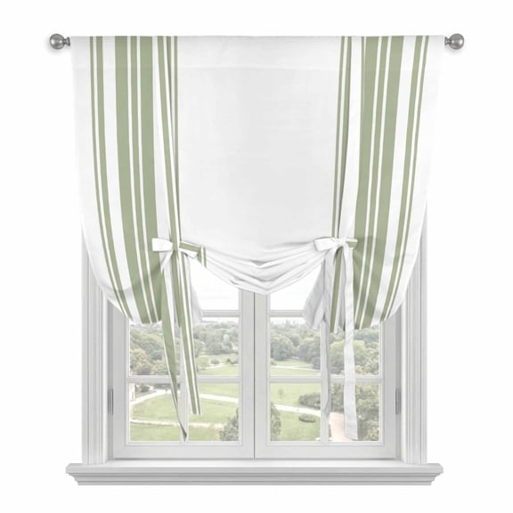 Sage Green Striped Tie Up Curtains for Window, Thermal Insulated Balloon Shade Adjustable Rod Pocket Curtains Valance Panels for Kitchen Bathroom Cafe 34 x 45 Farmhouse Simple Line Vertical Stripes