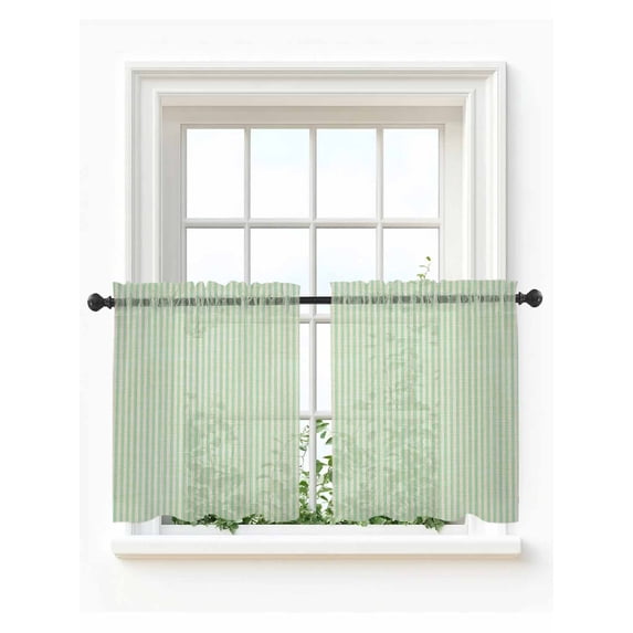 Sage Green Striped Tier Curtains 36 Inch Length,Sheer Curtains for Bedroom Living Room Window Modern Simple Farmhouse Beige Rod Pocket Drapes Kitchen Curtains Small Half Window 27.5"x36" 2 Panels