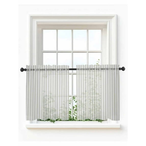 Sage Green Striped Tier Curtains 36 Inch Length,Sheer Curtains for Bedroom Living Room Window Sage Green White Stripes Farmhouse Voile Drapes Kitchen Curtains Small Half Window 27.5"x36" 2 Panels