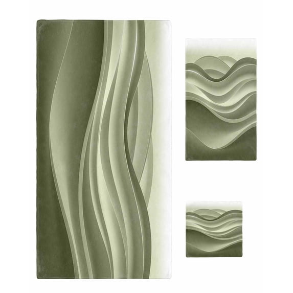Sage Green Striped Towel Set of 3, Soft Microfiber Bath Towels, Hand Towel, Washcloths, Modern Abstract Art Wave Moire Gradient Quick-Dry Absorbent Towels for Bathroom Kitchen Hotel Beach Gym Spa