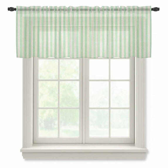 Sage Green Striped Valance Curtains for Kitchen/Living Room/Bathroom/Bedroom Window, Rod Pocket Small Topper Half Short Window Curtains Voile Sheer Scarf, Modern Simple Farmhouse Beige 54"x18"
