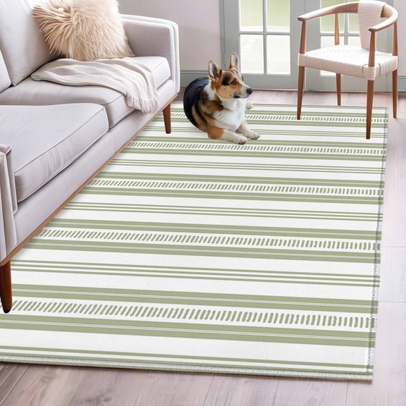 Sage Green Striped Washable Area Rug 3x5 Modern Farmhouse Stripes Rustic Geometric Low-Profile Small Area Rugs with Non Slip Backing Indoor Floor Carpet for Entrance Living Room Bedroom Home Office