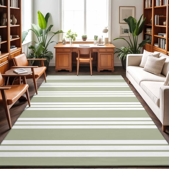 Sage Green Striped Washable Area Rug 4 x 6 ft Modern Classic Stripes Rustic Country Farmhouse Soft Non Slip Rugs Stain Repellent Indoor Felt Carpet for Living Dining Room Bedroom Home Office