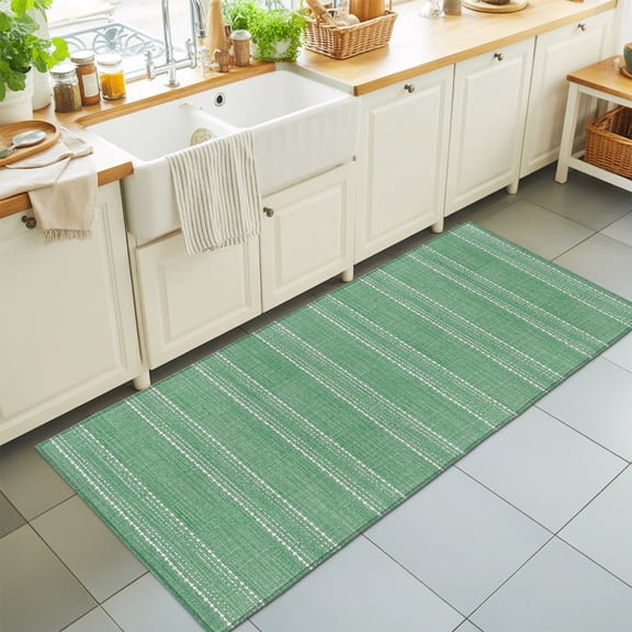 Sage Green Striped Washable Runner Rugs 2'x6', Coastal Grandma Farmhouse Rustic Linen Texture Washable Runner Rug Non-Slip Sturdy Edge Binding Carpet for Bedside Hallway Runner Kitchen Galley