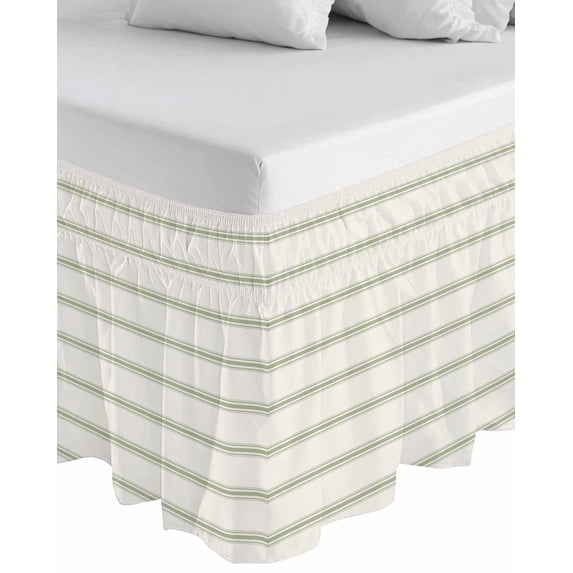 Sage Green Striped Wrap Around Bed Skirts for California King Bed 18" Drop,Bed Skirt with Adjustable Elastic Belt Dust Ruffle Bed Valance Rustic Green Stripe Modern Art Beige Bed Frame Cover