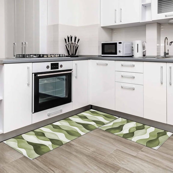 Sage Green Stripes 2 Pieces Non-Slip Kitchen Mat Set Retro Farmhouse Abstract Ripple Soft Door Mat with Rubber Backing,Dirtproof Rugs for Entrance Doorway 15.7x23.6in+15.7x47.2in