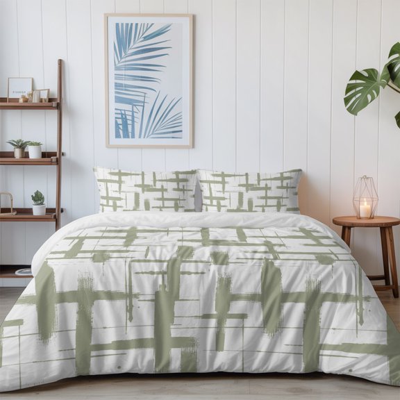 Sage Green Stripes Abstract Geometric California King Size Bed Set,Intersecting Lines Bedding for All Seasons,4 Pcs Bed Set with 1 Quiltcover (96"x104"),1 Sheet (110"x98"),2 Pillowcases (20"x36")