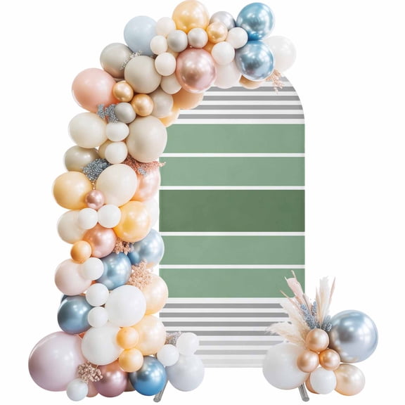 Sage Green Stripes Arch Backdrop Cover 7.2Ft, Wedding Arch Covers Stretchy Backdrop, Modern Spring Abstract Striped Fitted 2 Sided Arched Photo Background for Birthday Party Decorations