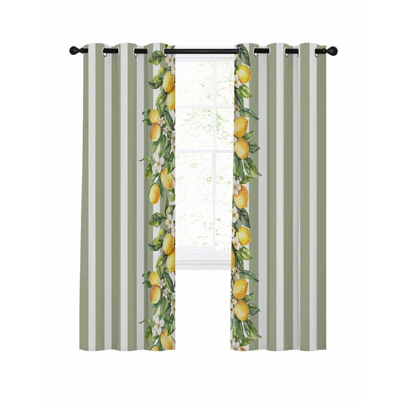 Sage Green Stripes Blackout Curtains, Light Blocking Print Window Curtains, Summer Spring Botanical Lemon Leaves Thermal Insulated Window Drapes for Living Room Kitchen Cafe 2 Panels, 84"W x 84"L
