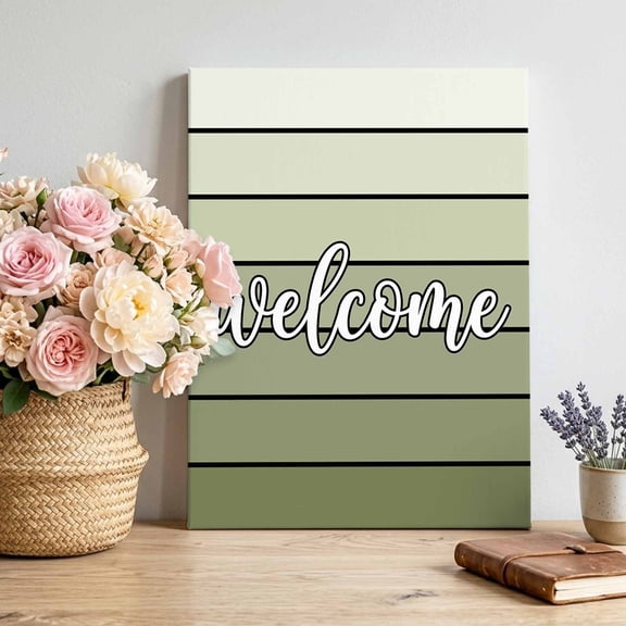 Sage Green Stripes Canvas Wall Art for Living Room, Welcome Text Retro Olive Green Striped Poster Print Painting for Desk Vanity Narrow Stair Wall Decoration Wall Pictures Prepare To Hang 8"x10"