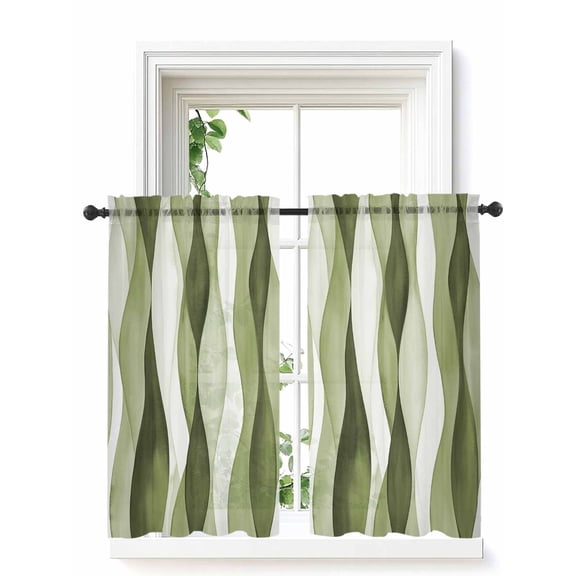 Sage Green Stripes Curtains 54 Inch Length, Sheer Curtains for Bedroom Living Room Window Retro Farmhouse Abstract Ripple Rod Pocket Voile Drapes Kitchen Curtains Small Half Window 52"x54" 2 Panels