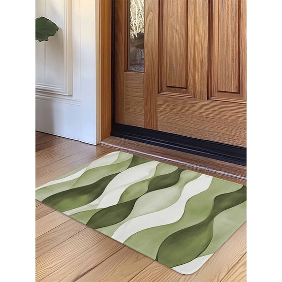 Sage Green Stripes Door Mat Indoor Outdoor Entrance, Non Slip Small Rug for Kitchen Bathroom Entryway Rug, Retro Farmhouse Abstract Ripple Washable Doormat Floor Mat for Office 18x30 Inch