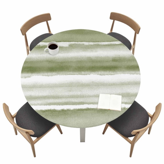 Sage Green Stripes Fitted Tablecloth with Elastic Edged, Round Table Cloth for Dining Table, Watercolor Gradient Abstract Striped Waterproof Oil Proof Table Cover for Indoor Outdoor 36"-44"